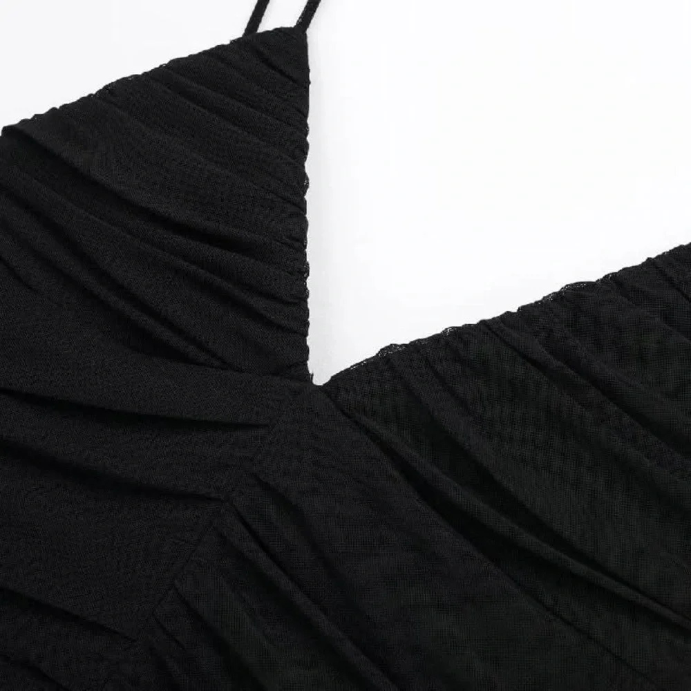 Black Ruched Midi Dress with Back Slit - Picture 3 of 6